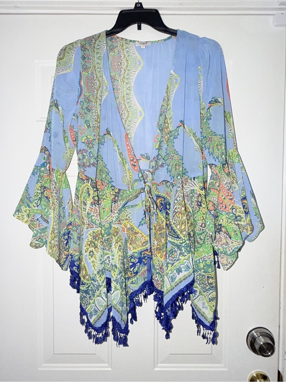 Umgee‎ Light Blue Paisley Fringe Kimono Jacket/Beach Cover up. Sz L SEE PICS!!!